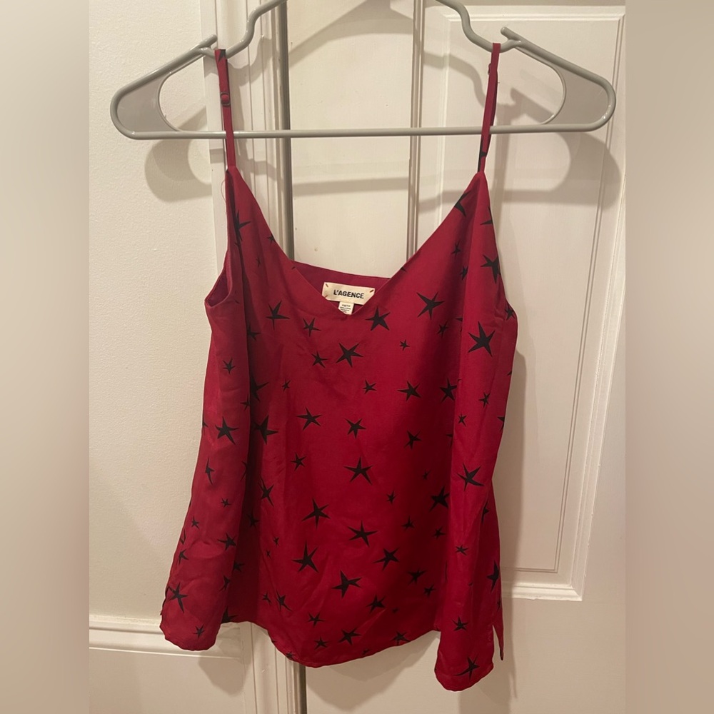 L’AGENCE silk red/burgundy spaghetti strap tank top with black stars.